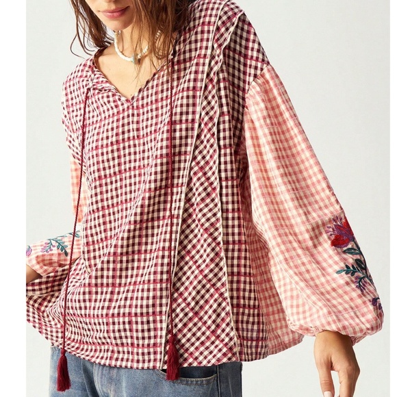 Boho Floral Embroidered Plaid Print Neck Tie Loose Fit Blouse - Picture 3 of 8